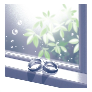 Two wedding rings on a windowsill with raindrops trickling down the glass