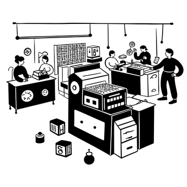 A detailed vintage letterpress machine is prominently displayed in the center of a bustling print shop. Several types of metal letters are neatly arranged around the machine. There are stacks of white paper waiting to be printed on one side. In the background, workers are busy operating other printing machines and discussing work. Various printing tools and ink pots are scattered across the worktables, adding to the industrious atmosphere. The overall scene conveys a sense of activity and craftsmanship within the print shop.