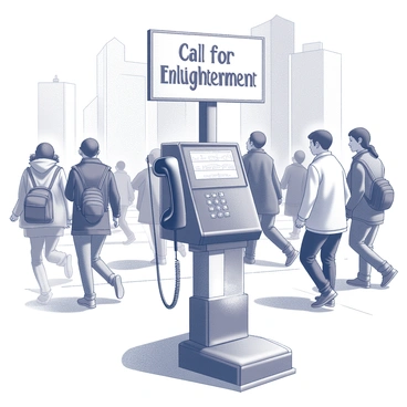 An old payphone stands on a busy street corner, its weathered surface showing signs of age and use. The phone is mounted on a metal pole with a sturdy base. Above the payphone, a sign is prominently displayed, reading "Call for Enlightenment" in bold letters. Surrounding the payphone, pedestrians bustle past, each engaged in their own activities, some glancing curiously at the phone. The background features tall buildings and a mix of urban details, creating a lively, bustling scene.