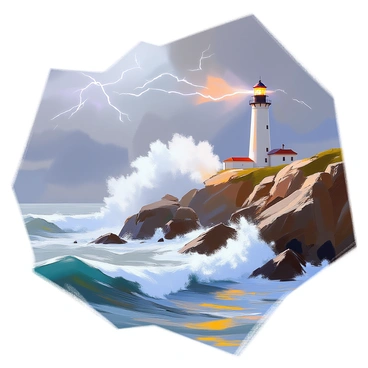 A stormy sea with tumultuous waves crashing against a rugged rocky coastline. The waves are frothy and white, splashing dramatically against the dark, jagged rocks. In the background, a tall lighthouse stands firmly on the edge of the cliff, its light shining brightly through the swirling gray mist. The sky is filled with dark storm clouds, and streaks of lightning illuminate the scene intermittently. The overall atmosphere conveys the power of nature as the sea churns violently.