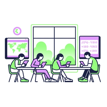A classroom is filled with students focused on their tablets. Each student is seated at a desk, engaged in learning activities. The walls are lined with interactive displays showcasing various educational content. On the left wall, there is a display featuring a colorful world map with clickable regions. On the right wall, another display is presenting a series of math problems. The desks are arranged in clusters to encourage collaboration among students. A large window lets in natural light, illuminating the modern classroom environment.