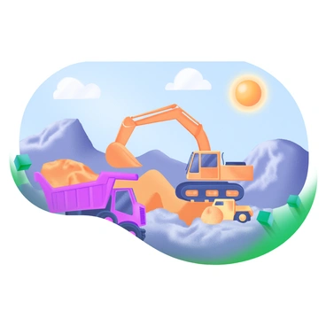 A modern pastel illustration depicting a quarry scene under a bright sun. In the foreground, a large dump truck is transporting rock, while an excavator is digging into the earth, its arm extended downward. To the side, a bulldozer is pushing material, creating a pile of dirt. The sky is clear and blue, with a large, vibrant sun shining overhead. Around the quarry, rocky terrain and mounds of gravel are visible, providing context to the busy mining operations.