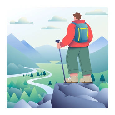 A hiker with medium skin and short brown hair is standing at the summit of a rocky mountain peak. The hiker is wearing a bright red jacket, durable hiking pants, and sturdy boots. The backpack is slung over one shoulder, with trekking poles firmly gripped in both hands. Below the peak, a vast valley stretches out, filled with lush green trees and winding rivers. The sky above is a soft blue with fluffy white clouds scattered. The hiker is gazing out over the landscape, with a look of awe on their face, as the sunlight brightens the scene.