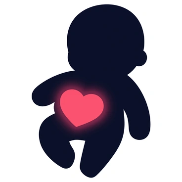 A silhouette of a fetus is centered in the image, filled in solid black. At the center of the silhouette, there is a glowing heart, radiating a soft, warm light. The heart has a vibrant red color, contrasting against the black silhouette. The background is simple and unobtrusive, allowing the focus to remain on the silhouette and the glowing heart.
