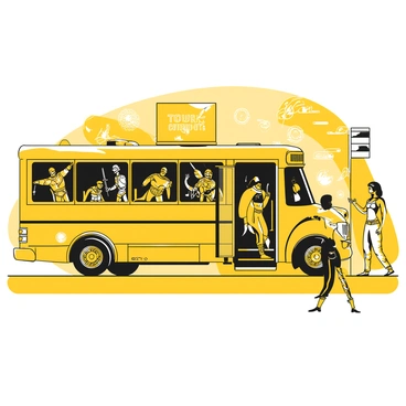 A large tour bus with bright decorations featuring various comic book characters is parked outside. The bus has tinted windows, and the door is open, allowing glimpses of the interior. Many cosplayers are visible, wearing intricate costumes of superheroes and fantasy characters. One cosplayer dons a yellow cape and a mask, while another wears armor with detailed designs. Several of them are holding prop weapons such as swords and shields. The scene captures excitement as they prepare to disembark and head toward the convention center, with banners and signage for the convention in the background.