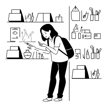 A student is standing in an art store, surrounded by a variety of art supplies. The shelves are filled with items such as sketchbooks, colored pencils, canvases, and brushes. The student is leaning slightly forward, examining a set of paints with interest. They are wearing a casual outfit, including a t-shirt and jeans, with a backpack slung over one shoulder. A warm light illuminates the scene, creating an inviting atmosphere.