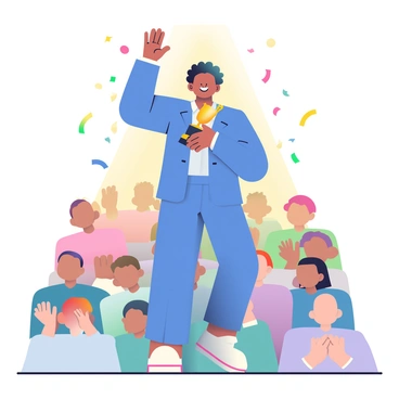 An artist with light brown skin and short curly hair is standing on a stage, joyfully accepting an award. They are wearing a vibrant blue suit that catches the spotlight. The artist is holding a golden trophy high in their right hand, while their left hand is raised in a gesture of gratitude. The background is filled with an audience clapping, their hands raised in applause. Colorful confetti is falling from above, adding to the celebratory atmosphere. The stage lights create a warm glow around the artist, enhancing the joyful moment.