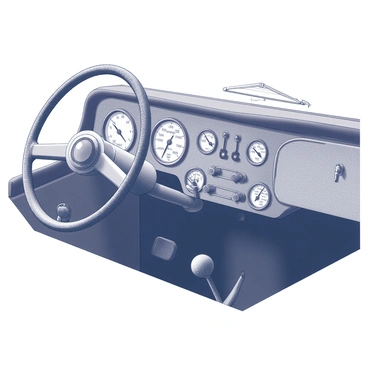 A vintage car dashboard featuring intricate dials and gauges. The dashboard is adorned with polished wood paneling, giving it a classic and refined look. The dials are round with clear markings, showcasing various functions like speed and fuel levels. The steering wheel is prominently displayed, with a textured grip and chrome accents. The overall composition highlights the craftsmanship and design elements of the dashboard, capturing the essence of automotive heritage.