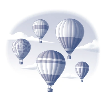 A clear sky filled with several hot air balloons of various shapes and sizes. Each balloon displays different patterns and designs, creating a sense of movement as they float gently. The background features a bright blue sky, with soft, wispy clouds scattered throughout the scene. The sunlight illuminates the balloons, casting subtle shadows beneath them.