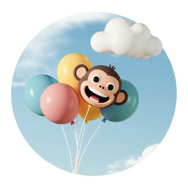 A joyful monkey face with large expressive eyes and a wide, cheerful grin. The monkey is holding a cluster of colorful balloons, which are vibrant shades of red, blue, yellow, and green. The balloons are floating upwards, gently swaying in the breeze against a clear blue sky. The sunlight casts a warm glow, highlighting the playful expression on the monkey's face as it enjoys the delightful experience of floating among the clouds.