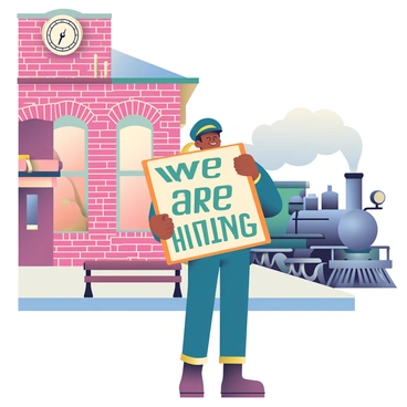 A vintage train station with a conductor holding a 'We Are Hiring' sign