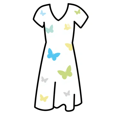 A dress featuring patterns that resemble the delicate wings of butterflies. The fabric has a soft texture and is primarily a light pastel color. The butterfly wing patterns are intricately detailed, showcasing a variety of colors including soft greens, yellows, and blues. The dress has a flowing silhouette, draping elegantly to the knees. It includes short sleeves and a slight V-neckline, enhancing the whimsical design of the garment.