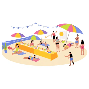 A sandy beach with colorful decorations set up for a festive party. Bright blue fish motifs are hanging from strings above the area, adding a playful touch. There are several beach umbrellas in vibrant colors, providing shade for guests. A long table is covered with a bright tablecloth, adorned with tropical flowers and seafood appetizers. People in summer clothing are enjoying the festivities, some playing beach volleyball while others relax on beach towels. The ocean waves gently lap at the shore in the background, completing the lively beach atmosphere.