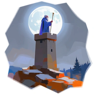 A tall stone tower stands against a dark night sky, with a full moon casting bright light across the scene. At the top of the tower, an elderly man with a long white beard and wearing a flowing robe made of deep blue fabric is gazing upwards. His eyes reflect the moonlight as he stands with a staff in one hand. The surrounding landscape is shrouded in shadows, with the outlines of trees and hills visible in the background, creating a mystical atmosphere. The moon is large and luminous, dominating the night sky and illuminating the scene with a soft glow.
