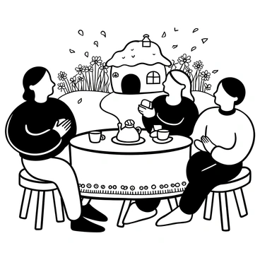 A group of three hobbits sitting around a small, round wooden table covered with an ornate tablecloth. Each hobbit is engaged in a conversation while holding a cup of tea in one hand and a scone in the other. The table is adorned with a teapot and a plate stacked with freshly baked scones. In the background, a cozy hobbit home with a round door and windows peeks out from a lush garden filled with flowers and green foliage. A rustic fence encloses the area, and a warm, inviting atmosphere surrounds the scene.