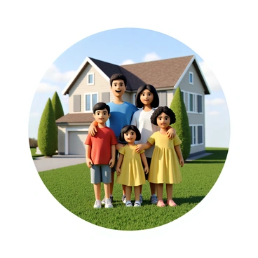 A family of four standing together, symbolizing protection. The parents, a man with short brown hair wearing a blue shirt and a woman with long black hair in a white blouse, stand at the forefront. They are flanked by two children, a boy with curly hair in a red t-shirt and a girl with pigtails wearing a yellow dress. Behind them, there is a large, two-story house with a brown shingled roof and white siding. Lush green grass surrounds the house, and a clear blue sky is visible above. The family is standing confidently, with smiles on their faces, conveying a sense of unity and security.