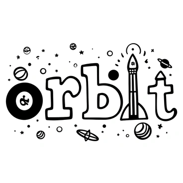 Letters shaped like rockets and satellites are arranged to spell "orbit." Each letter is uniquely designed, with the "o" resembling a circular satellite, the "r" shaped like a rocket blasting off, the "b" designed as a satellite dish, the "i" represented by a tall, slender rocket, and the "t" styled like an orbiting spacecraft. The letters are intricately detailed with various textures, including metallic finishes and aerodynamic shapes, emphasizing their space theme. The background is filled with stars and planets, enhancing the outer space atmosphere.