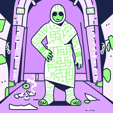 A mummy is partially unwrapped, revealing bandages that are covered in intricate crossword riddles. The mummy stands in a dimly lit ancient tomb, surrounded by stone walls adorned with hieroglyphics. The bandages display various letters and symbols, with some sections of the crossword filled out. There are scattered parchment scrolls and a torch on the ground, casting flickering shadows. The mummy's expression is determined as it focuses on deciphering the riddles from its bandages.