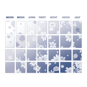 A visual representation of a color palette divided into twelve sections, each section representing a month. Each section includes various shades that correspond to seasonal flowers and typical weather for that month. The design features floral illustrations interspersed with the color swatches, showcasing flowers that bloom in each month alongside samples of colors that reflect the changing weather patterns. Each section is labeled with the name of the month in bold letters, arranged in an organized style that highlights the transition of colors and blooms throughout the year.
