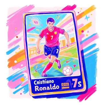 A collectible anime-style soccer card features "Cristiano Ronaldo" in an action pose, showcasing his athleticism and determination. He is depicted mid-kick, wearing a red soccer jersey with the number 7 on it, and black shorts. The background includes dynamic motion lines that suggest speed and energy. The card displays "Stats" in bold letters at the bottom, with various numerical values representing his skills. Additionally, there are colorful effects surrounding him, such as sparkles and flare, enhancing the sense of movement and excitement in the scene.