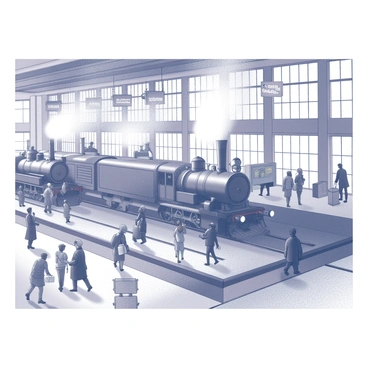 A railroad station filled with activity and energy. Several steam engines are visible, with large cylindrical shapes and billowing smoke coming from their chimneys. Passengers are scattered throughout the scene, some carrying bags and suitcases, while others are saying goodbye or greeting loved ones. The station features high ceilings with large windows, allowing sunlight to filter through. Platforms are lined with benches, and signs displaying destinations hang above. The atmosphere is lively, with a sense of anticipation as people prepare to embark on their journeys.
