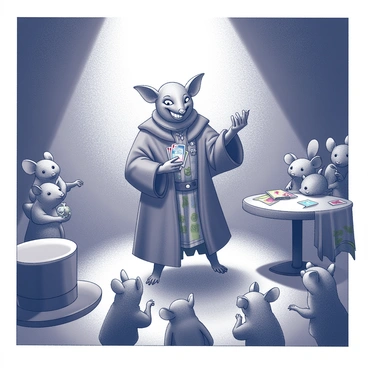A skaven trickster stands in the center of a dimly lit stage, surrounded by a curious audience of other skaven, their eyes wide with anticipation. The trickster wears a tattered cloak, adorned with various trinkets, and has a mischievous grin on his face. He holds a deck of cards in one hand, while the other hand gestures dramatically, showcasing his sleight of hand. The audience, composed of small, rat-like humanoid figures, leans forward, eagerly watching the performance. Some skaven are whispering to each other, while others clutch their paws in excitement. The stage is decorated with makeshift props, including a large top hat and several colorful scarves draped on a nearby table, adding to the whimsical atmosphere of the magic act.
