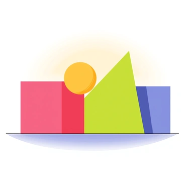 A composition of various solid geometric shapes in vibrant colors. The shapes include large red cubes, yellow spheres, green pyramids, and blue cylinders. Each shape is distinct and positioned in an overlapping manner, creating a sense of depth. The background is a smooth gradient transitioning from light to dark shades, enhancing the vividness of the colors. Sunlight casts soft shadows beneath each shape, adding dimension to the scene.