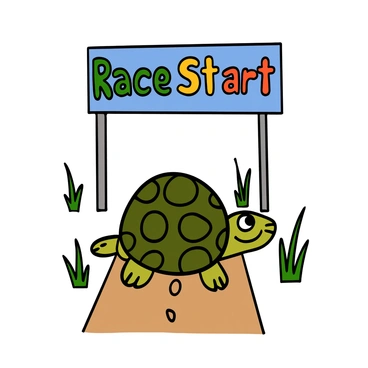 A tortoise with a textured, greenish-brown shell is positioned at the starting line of a race, looking determined as it slowly moves forward. The ground is a sandy path, and the tortoise’s legs are extended, showcasing its effort in each movement. The background shows a colorful banner above that says "Race Start". There are a few scattered blades of grass alongside the path, and a bright blue sky overhead, indicating a sunny day.