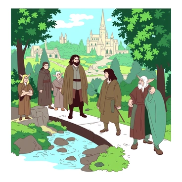 The Fellowship of the Ring is approaching Rivendell, surrounded by lush green trees and intricate elvish architecture in the background. The group consists of diverse characters, including a tall man with dark hair, a dwarf with a bushy beard, and a hobbit looking amazed. Curious elves with pointed ears are standing along the pathways, some with welcoming smiles and others observing with intrigue. Sunlight filters through the leaves, creating a soft illumination over the scene. A gentle stream can be seen flowing nearby, adding to the natural beauty of Rivendell. 