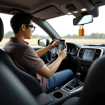 An Uber driver skillfully balancing navigation and music selection on their smartphone