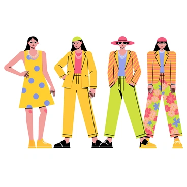 A fashion spread featuring several models wearing outfits adorned with bold and colorful patterns. One model is dressed in a bright yellow dress with large blue polka dots, while another wears a fitted jacket covered in a zigzag pattern of red and orange hues. A third model showcases a pair of loose-fitting trousers with a floral design in vibrant shades of green and pink. Each model stands confidently on a white backdrop, striking dynamic poses that highlight the unique designs of their clothing. Accessories like chunky necklaces and wide-brimmed hats complement each outfit, enhancing the visual impact of the fashion spread.