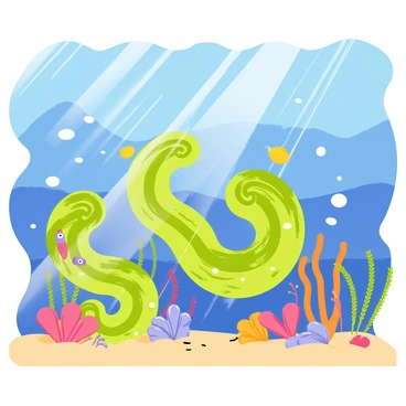 An underwater scene featuring vibrant spiral formations of "cyanobacteria" nestled among various shades of blue water. The cyanobacteria have a bright green hue and intricate, swirling patterns. Surrounding the cyanobacteria are small fish darting in and out of the formations. Sunlight filters down from above, creating shimmering reflections on the sandy ocean floor. Various colorful coral structures and seaweed gently sway in the current, adding to the lively underwater atmosphere.