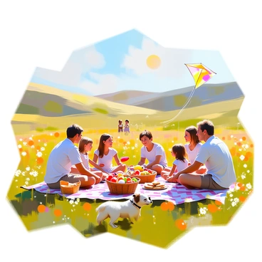 A group of families enjoying a picnic in a scenic countryside meadow. There are several adults and children seated on a large checkered blanket spread out over the lush green grass. The sunlight bathes the scene in a warm glow, casting gentle shadows. Nearby, a wicker basket is filled with an assortment of fruits and sandwiches. Rolling hills stretch into the background, dotted with wildflowers in vibrant colors. A couple of children are flying a kite while others play frisbee. A small dog is joyfully running around the families.