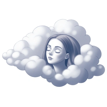 A human face emerges from a formation of swirling clouds. The expression is serene, with closed eyes and soft features, conveying a sense of contemplation. The clouds have a billowy texture, encircling the face and creating a dreamy atmosphere. There are varying densities of cloud coverage, some parts more translucent, allowing glimpses of the face while others are denser, framing it. The overall composition gives the impression of a tranquil moment suspended in time.