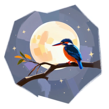 A kingfisher is perched on a branch, silhouetted against a bright, full moon. The moon casts a soft glow over the scene, illuminating the surrounding dark sky. Stars twinkle faintly around the moon, creating a serene atmosphere. The branch extends from the left side of the image, while the kingfisher, with its distinctive beak and sleek shape, stands out prominently in profile. The overall composition captures the tranquility of a nighttime setting.