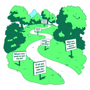 A winding trail meanders through a green park filled with lush grass and vibrant trees. Along the sides of the trail, there are multiple signs, each displaying different survey questions in clear, bold lettering. The signs are arranged at intervals, providing a visual path for park-goers to engage with the questions as they walk. The sunlight filters through the leaves, casting playful shadows on the trail and illuminating the signs.