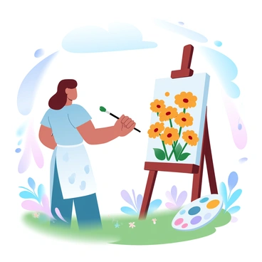 An artist is standing in front of a blank canvas, holding a paintbrush. The artist is wearing a white apron splattered with paint and is focused on creating a vibrant piece. The canvas features a variety of "colorful calendula flowers" in full bloom, showcasing orange and yellow hues. Surrounding the artist is a sunny outdoor setting filled with green grass and a few scattered wildflowers. The sunlight casts soft shadows, enhancing the colors of the flowers and the artist's work. An easel supports the canvas, and a palette with an array of paints is placed nearby.