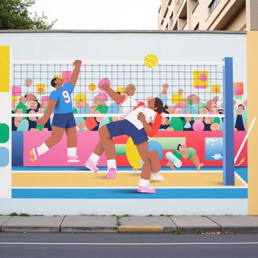 A vibrant 3D mural depicting a volleyball game is painted on a large urban wall. The mural shows two teams in dynamic action, with players jumping and diving to hit a bright yellow volleyball. One player, wearing a blue jersey, is in mid-air, reaching for the ball, while another player in a red jersey is preparing to receive it. The background features cheering fans with colorful banners, and the sun is setting, casting a warm glow over the scene. The texture of the wall enhances the depth of the mural, making the players appear as if they are leaping off the surface.