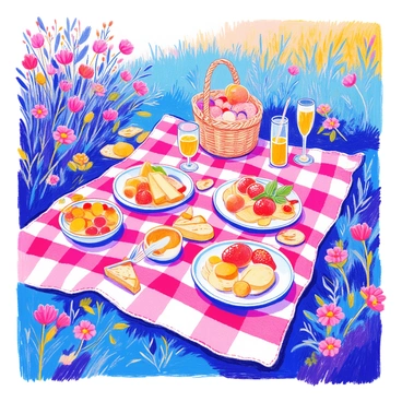 A luxurious picnic setting is laid out on a large checkered blanket. Various gourmet dishes are artistically arranged, including a platter of assorted cheeses, a bowl of fresh fruit, and elegantly presented sandwiches. There are crystal glasses filled with sparkling beverages, and a wicker basket is nearby, partially open showcasing additional food items. Surrounding the picnic blanket, vibrant wildflowers add color to the scene, while a gentle breeze causes the fabric of the blanket to ripple slightly.