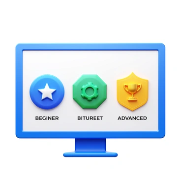 A collection of digital badges displayed on a sturdy digital interface. Each badge features distinct designs representing various skill levels. The badges include "Beginner," "Intermediate," and "Advanced," with unique icons and color schemes for each. The "Beginner" badge is circular with a simple star icon in blue. The "Intermediate" badge is hexagonal with a gear icon in green. The "Advanced" badge is a shield shape with a trophy icon in gold. Each badge has a shiny finish and is accompanied by a text label showing the level achieved.