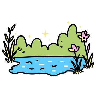 A sunlit bog, with shimmering water reflecting light, surrounded by dense, lush greenery. The water's surface is dotted with small, glistening ripples. Tall grasses and vibrant plants frame the scene, their leaves catching the sunlight. A few small wildflowers add color among the greenery. In the background, the outline of trees creates a natural border, enhancing the feeling of a secluded, tranquil environment. The overall composition emphasizes the peacefulness and beauty of this natural habitat.