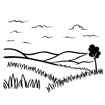 A prairie landscape with tall grasses swaying in the wind, creating a wave-like pattern across the terrain. The sky spans above, presenting an expansive view filled with fluffy clouds scattered throughout. A distant line of rolling hills creates depth in the background. A single tree stands to the side, its branches reaching upwards. The scene conveys a sense of openness and tranquility.