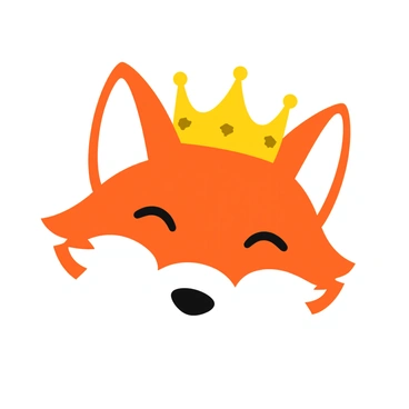 A fox face with bright orange fur and white accents, prominently featuring a detailed golden crown adorned with jewels resting on its head. The fox's eyes are alert and intelligent, conveying a sense of pride and majesty. The background is a soft, complementary color that enhances the regal presence of the fox. The crown is intricately designed, with curves and spikes that give it a royal appearance.