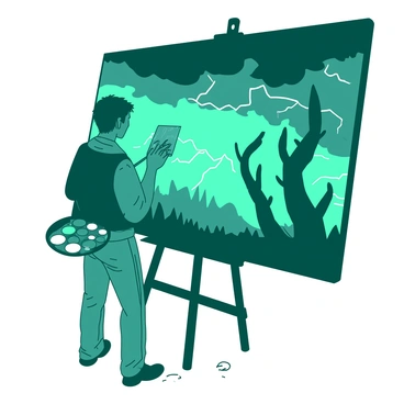 A teal painter is standing in front of a large canvas, intently working on a gothic scene. The canvas depicts a stormy night with dark clouds swirling above. Jagged lightning bolts illuminate the sky, casting dramatic shadows. In the foreground, eerie silhouettes of twisted trees stretch their branches towards the sky. The painter's palette contains various colors, and their brush moves swiftly across the canvas, capturing the essence of the gloomy atmosphere. The ground is wet, reflecting the flashes of lightning.