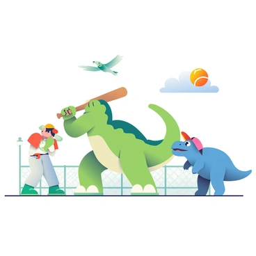 A group of dinosaurs is engaged in a lively game of baseball in a sunny, open field. In the foreground, a large T-Rex with green scales is taking a mighty swing with a wooden baseball bat. Its small arms are raised high, showcasing its impressive strength. Nearby, a blue Triceratops is standing in the outfield, wearing a red cap and looking eagerly at the T-Rex. A vibrant orange baseball is captured mid-flight, soaring through the air towards the distant fence. In the background, a Pterodactyl is soaring above, keeping an eye on the play. The sky is clear with a few fluffy clouds, adding to the lively atmosphere of the game.