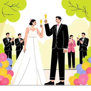 A scene depicting "newlyweds" standing together in a lush garden setting. The bride, wearing a flowing white wedding gown with floral lace details, holds a "champagne flute" high in the air. The groom, dressed in a classic black tuxedo with a white shirt and bowtie, smiles brightly as he raises his own "champagne flute." Around them, colorful flowers bloom in vibrant shades of pink, yellow, and blue, adding to the festive atmosphere. Green trees provide a backdrop, and soft sunlight filters through the leaves, creating a warm glow on the couple's faces. Guests, dressed in formal attire, can be seen in the background, clapping and applauding the joyous moment.