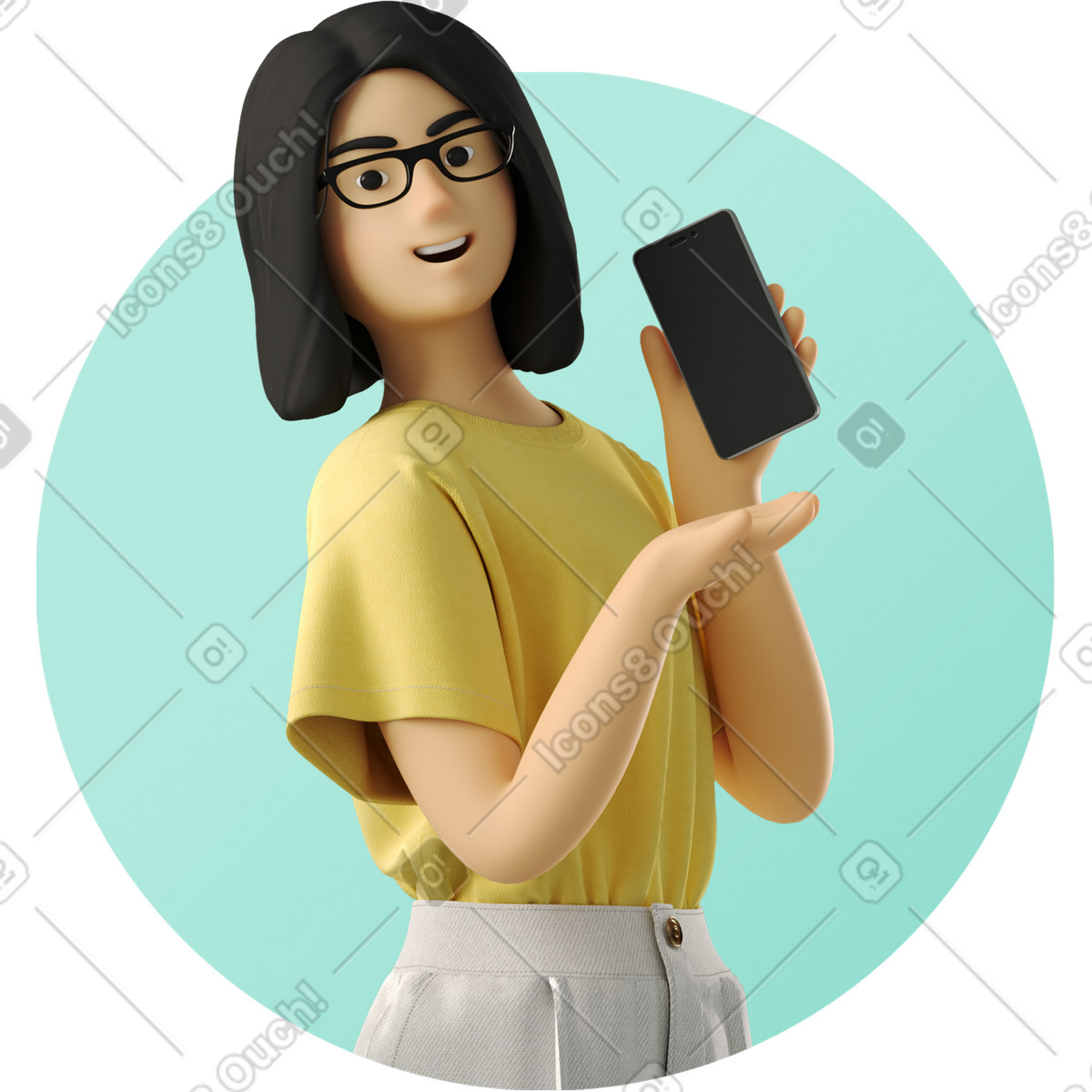 Ilustración Smiling young woman showing phone en estilo 3D Business a descargar en PNG y SVG