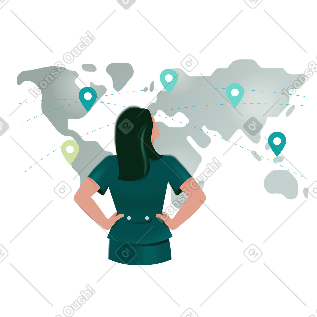 Traveler analyzing route pins on international map, Trip planning and logistics illustration in Office style download in PNG, SVG