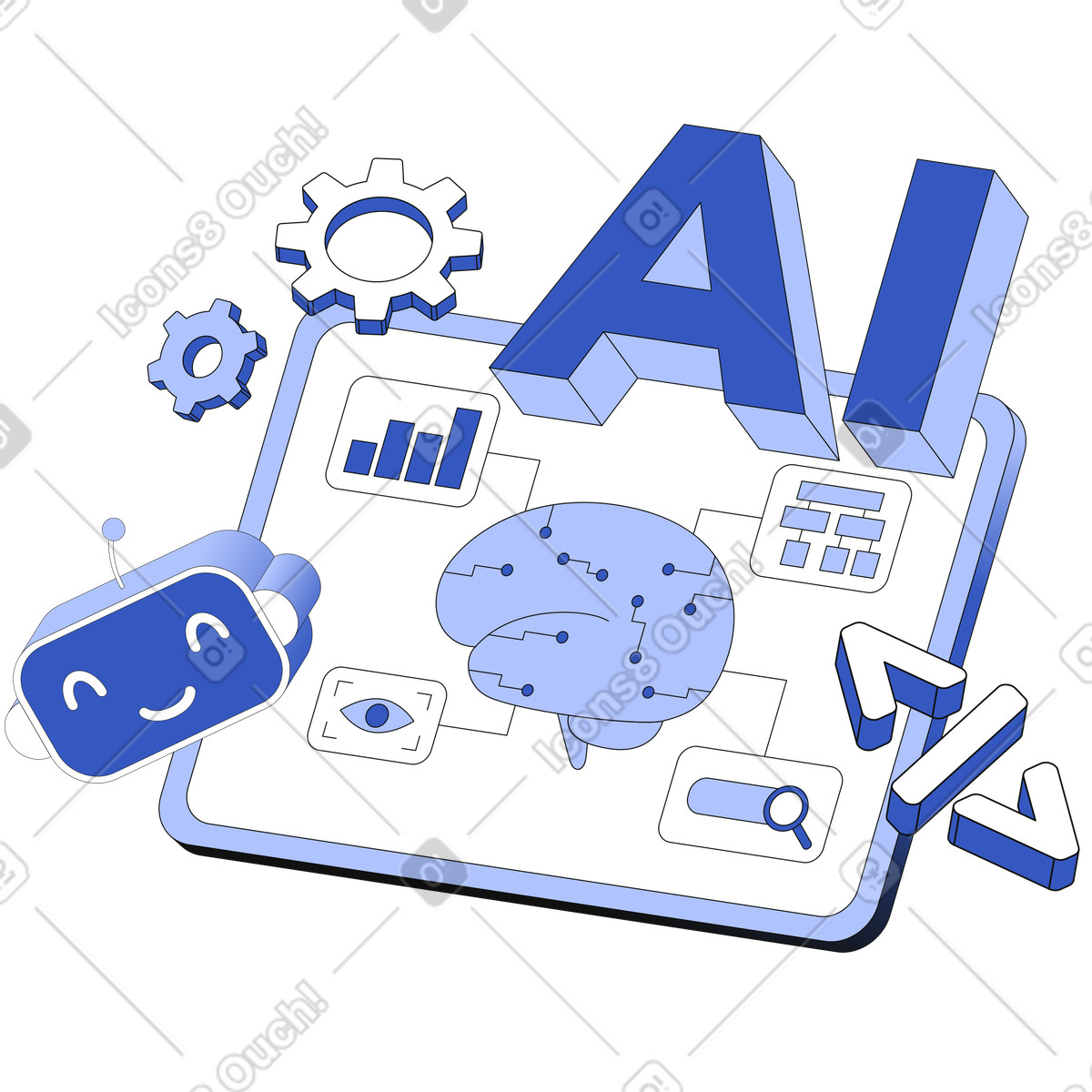 Lettering Artificial intelligence with tablet, robot and gears text animated illustration in GIF, Lottie (JSON), AE