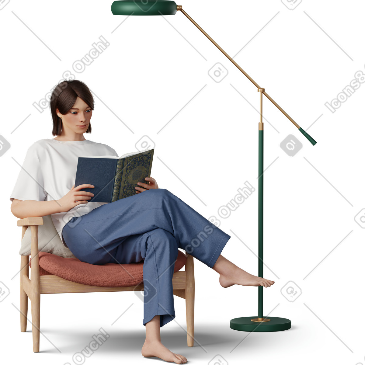 Ilustração de Jovem sentada na poltrona e lendo um livro em PNG e SVG